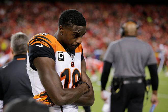 Cincinnati Bengals wide receiver A.J. Green (18) walks the sideline near the end of the third quarter of the NFL Week 7 game between the Kansas City Chiefs and the Cincinnati Bengals at Arrowhead Stadium in Kansas City, Mo., on Tuesday, Oct. 16, 2018. The Bengals lost 45-10, falling to 4-3 on the season.