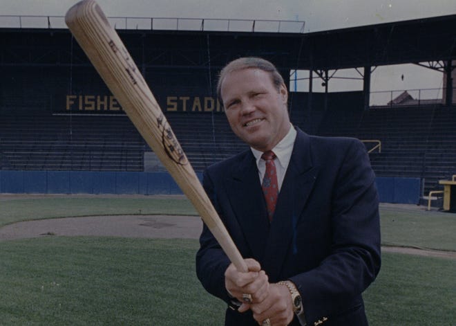 Former Tigers catcher Bill Freehan takes a few swings at the University of Michigan as the new baseball coach on Aug. 15, 1989.