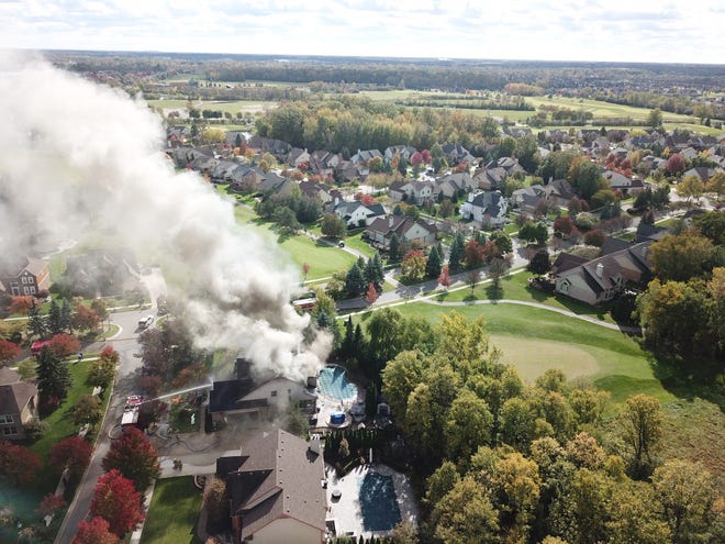 A drone camera captured this image of a Tuesday house fire on Merion Drive, near Canton Center Road and Cherry Hill.