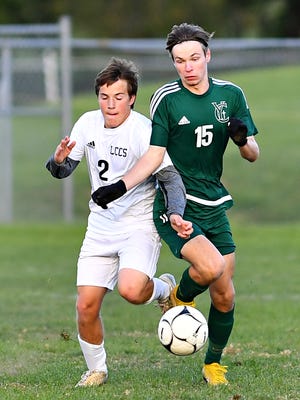Jon Yinger, right, seen here in a file photo, scored two goals for York Catholic on Tuesday in a 3-0 win over Forest City.