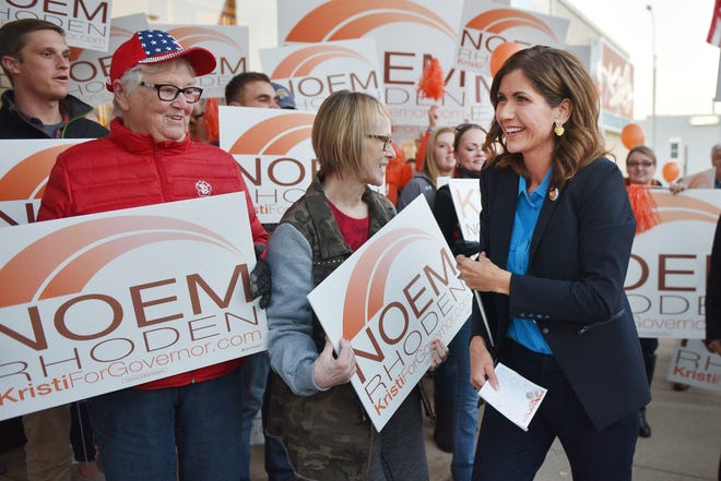 Kristi Noem makes her way through supporters outside of KELO TV before the gubernatorial debate with Billie Sutton Tuesday, Oct. 23, at KELO TV in Sioux Falls.