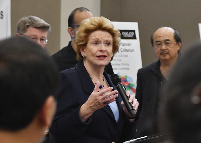Democratic U.S. Senator Debbie Stabenow addresses the School of Engineering and Computer Science Fall Research Expo at Oakland University in Rochester on October 19.