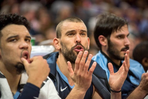 Oct 24, 2018; Sacramento, CA, USA; Memphis Grizzlies center Marc Gasol (33) reacts to a call during the second quarter of the game against the Sacramento Kings at Golden 1 Center.