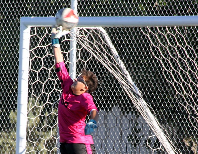 Sophomore Lady 'Cat Alissa Cordova was pressed into duty as goal keeper in Wednesday's District 3-5A match against Mayfield.
