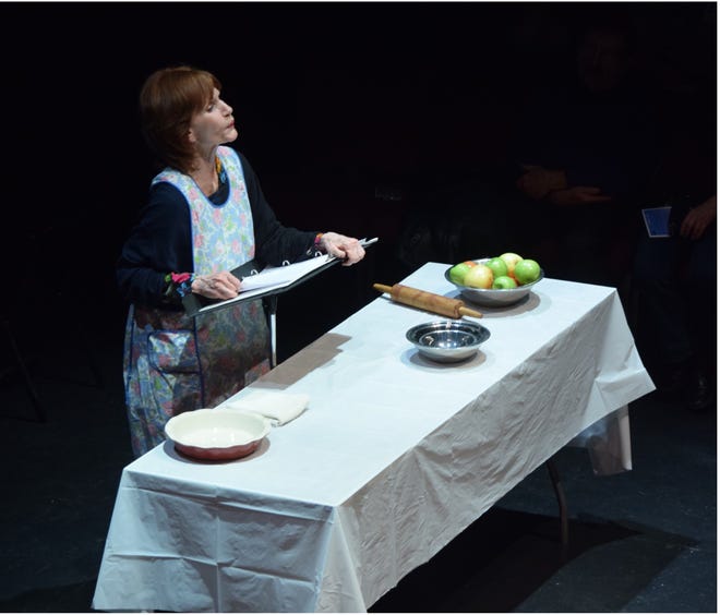 Miriam (played by Colleen Smith Wallnau, shown here at a staged reading this past spring) makes an apple pie for a reason she gradually shares with the audience in “Apples in Winter.”  The award-winning one-woman play by Jennifer Fawcett will be presented at Centenary Stage Co. from November 8 through 18.