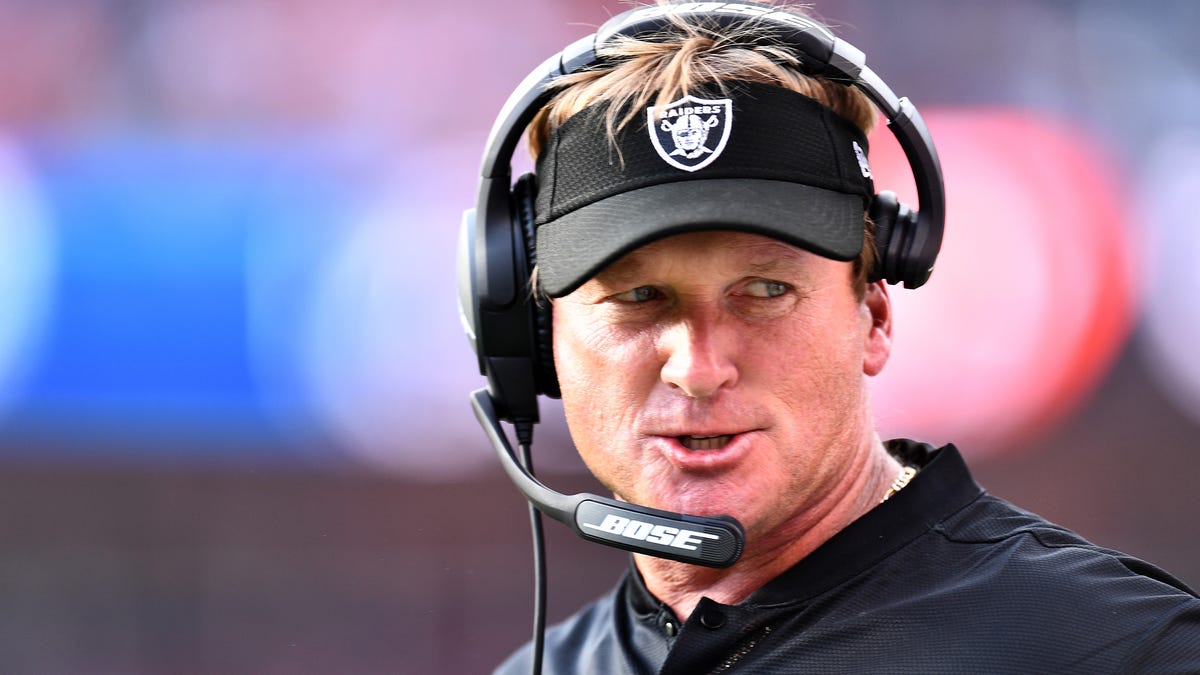 Oakland Raiders head coach Jon Gruden during the fourth quarter against the Denver Broncos at Broncos Stadium at Mile High.
