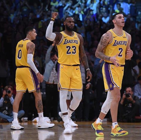 LeBron James of the Los Angeles Lakers celebrates...