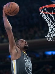 Golden State Warriors striker Kevin Durant participated in the first part of an NBA basketball game against the New York Knicks on Friday, October 26, 2018, at Madison Square Garden in New York.