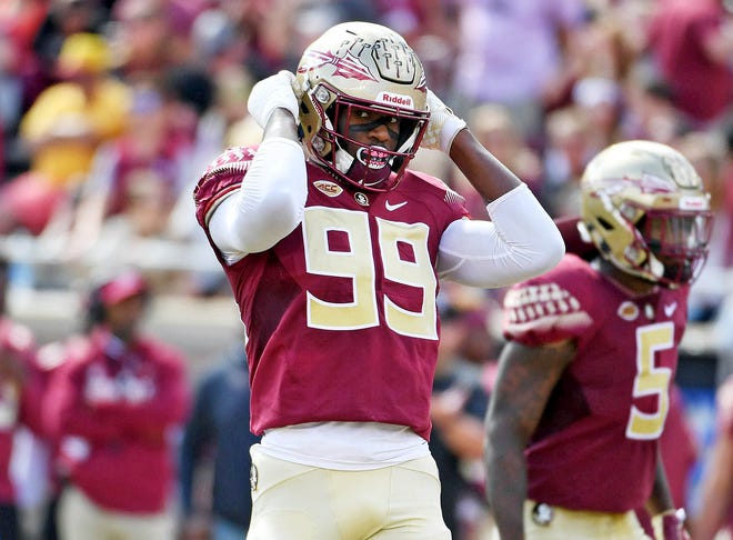 Oct 27, 2018; Tallahassee, FL, USA; Florida State Seminoles defensive end Brian Burns (99) during the first half against the Clemson Tigers at Doak Campbell Stadium. Mandatory Credit: Melina Myers-USA TODAY Sports