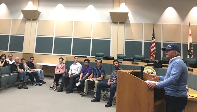 Tom Dunn, right, organized a community meeting on Saturday to discuss the foul odor that has intensified in Port Hueneme and south Oxnard in recent months.