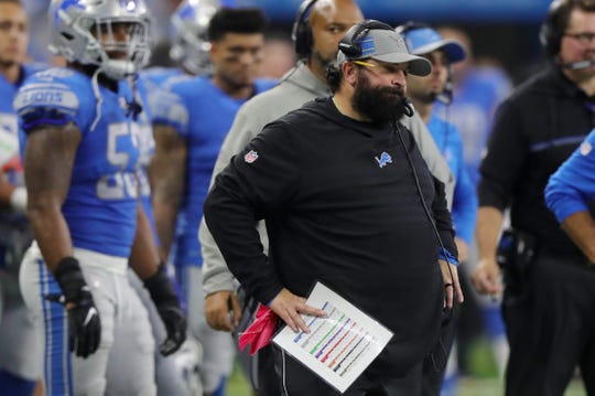 Detroit Lions head coach Matt Patricia on the sideline during the second half against the Seattle Seahawks on  Sunday, October 28, 2018 at Ford Field in Detroit.