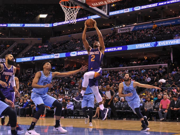 Oct 27, 2018; Memphis, TN, USA; Phoenix Suns guard Elie Okobo (2) shoots the ball over Memphis Grizzlies forward Ivan Rabb (10) during the first half at FedExForum. Mandatory Credit: Justin Ford-USA TODAY Sports