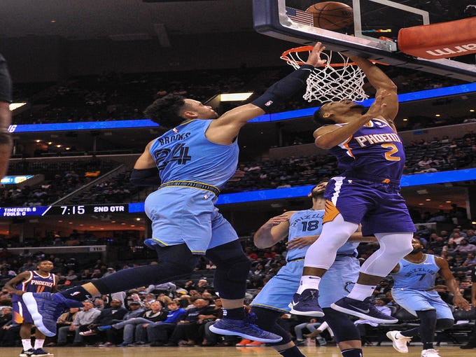 Oct 27, 2018; Memphis, TN, USA; Phoenix Suns guard Elie Okobo (2) shoots the ball past Memphis Grizzlies guard Dillon Brooks (24) during the first half at FedExForum. Mandatory Credit: Justin Ford-USA TODAY Sports