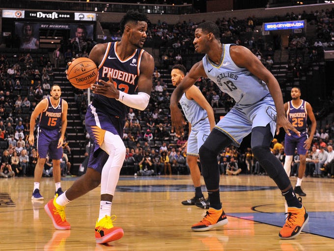 Oct 27, 2018; Memphis, TN, USA; Phoenix Suns center Deandre Ayton (22) dribbles the ball around Memphis Grizzlies forward Jaren Jackson Jr. (13) during the first half at FedExForum. Mandatory Credit: Justin Ford-USA TODAY Sports