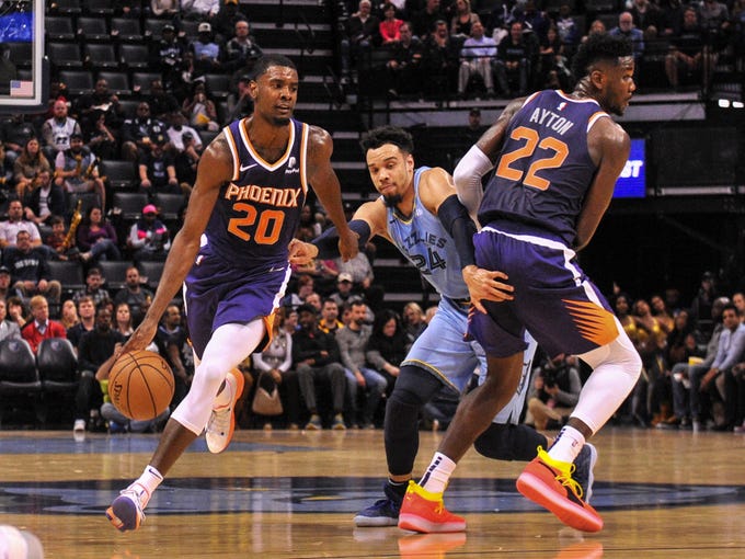 Oct 27, 2018; Memphis, TN, USA; Phoenix Suns forward Josh Jackson (20) dribbles the ball past Memphis Grizzlies guard Dillon Brooks (24) during the first half at FedExForum. Mandatory Credit: Justin Ford-USA TODAY Sports