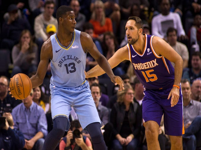 Oct 27, 2018; Memphis, TN, USA; Memphis Grizzlies forward Jaren Jackson Jr. (13) handles the ball against Phoenix Suns forward Ryan Anderson (15) during the first half at FedExForum. Mandatory Credit: Justin Ford-USA TODAY Sports