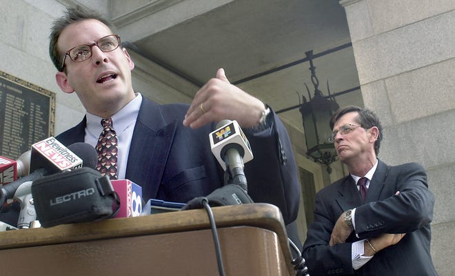In this file photo from Aug. 9, 2001, First Assistant District Attorney Tom Kelley, left, speaks a news conference to urge anyone with information about the murder of Lillie Belle Allen to contact the York County District Attorney's Office. Chief Deputy Prosecutor Bill Graff is pictured on the right.