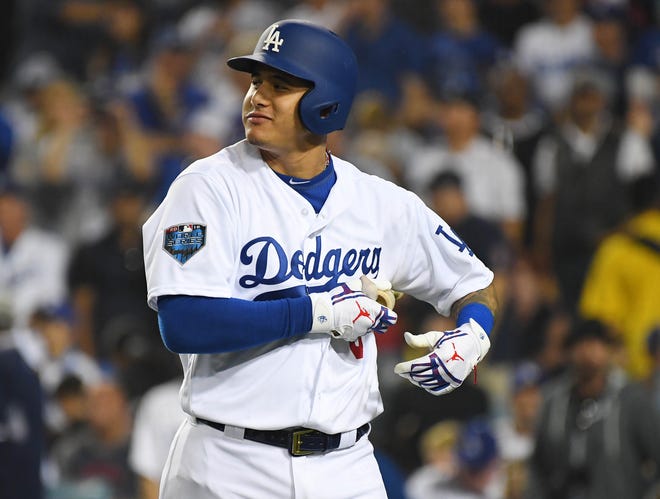 Game 4 at Dodger Stadium: Manny Machado reacts after striking out in the fourth inning.