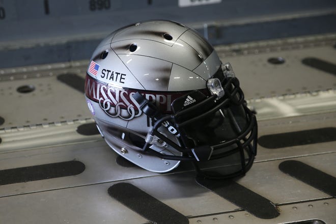 The helmet Mississippi State football will wear against Arkansas on Nov. 17. The helmet is part of the adidas “Statesman” uniform, honoring MSU alum and World War II hero G.V. “Sonny” Montgomery.