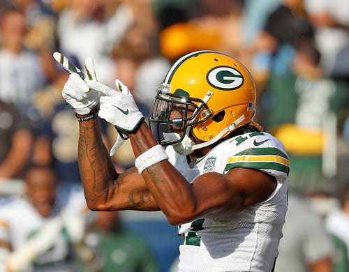 Green Bay Packers wide receiver Davante Adams (17) signals first down against the LA Rams Sunday, October 28, 2018 at the Memorial Coliseum in Los Angeles.