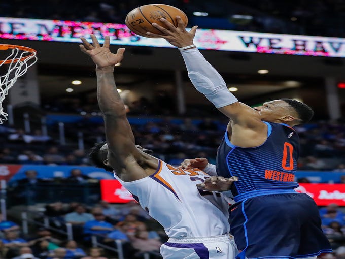 Oct 28, 2018; Oklahoma City, OK, USA; Oklahoma City Thunder guard Russell Westbrook (0) goes up for a basket as Phoenix Suns center Deandre Ayton (22) defends during the second half at Chesapeake Energy Arena. Oklahoma City won 117-110. Mandatory Credit: Alonzo Adams-USA TODAY Sports