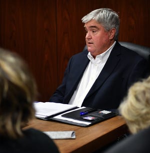 Tim Brewer, candidate for Wichita Falls City Council District 4, meets with the Editorial Board of the Times Record News Monday.
