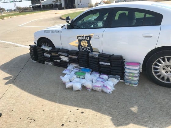 Indiana State Police say troopers found 220 pounds of suspected cocaine and 65 pounds of suspected methamphetamine, valued at about $5 million, in Vigo County on Tuesday.