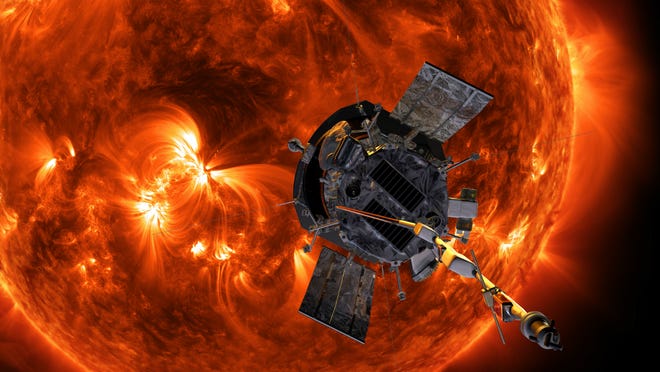 An illustration of the Parker Space Probe approaching the Sun.