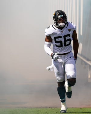 Sep 30, 2018; Jacksonville, FL, USA; Jacksonville Jaguars defensive end Dante Fowler Jr. (56) enters the stadium prior to the game between the New York Jets and Jacksonville Jaguars at TIAA Bank Field. Mandatory Credit: Douglas DeFelice-USA TODAY Sports