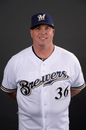 Feb 22, 2018; Maryvale, AZ, USA; Milwaukee Brewers pitching coach Derek Johnson (36) poses for a portrait during photo day at Maryvale Baseball Park. Mandatory Credit: Orlando Ramirez-USA TODAY Sports