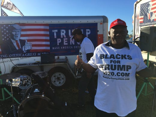 Dale Raines of Miami wears a âBlacks for Trumpâ T-shirt as he arrives 10 hours early for President Trumpâs 7 p.m. rally at Hertz Arena in Estero on Wednesday, Oct. 31, 2018.