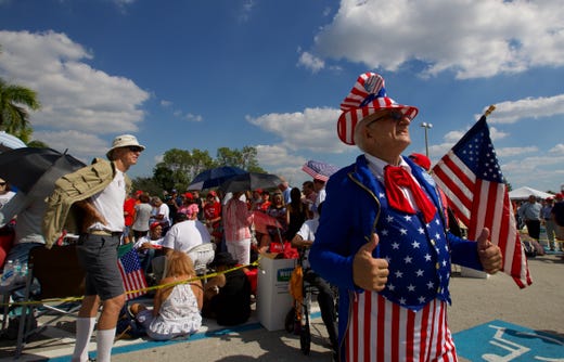 Dennis Deibel, of Fort Myers, dressed as Uncle Sam for his visit to the Make America Great Again rally at Hertz Arena in Estero on Wednesday, Oct. 31, 2018.