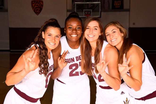 No. 23 ASU women's basketball will be deeper in 2018-19 with the addition of four freshmen: Taya Hanson, Iris Mbuliot, Jayde Van Hyfte and Jamie Loera (left to right).