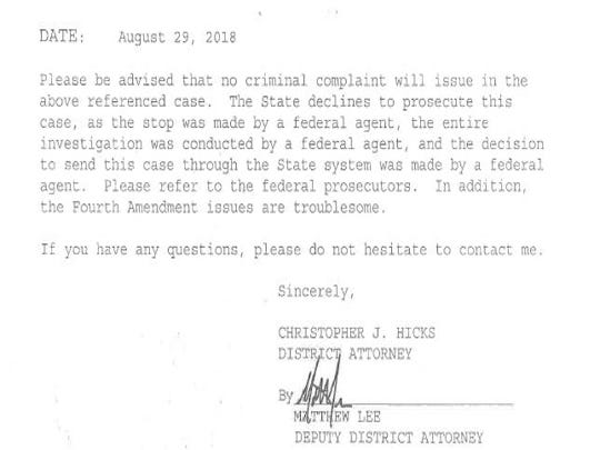A Washoe County District Attorney's Office memo addresses one of the cases from a late August Bureau of Indian Affairs opioid interdiction operation.