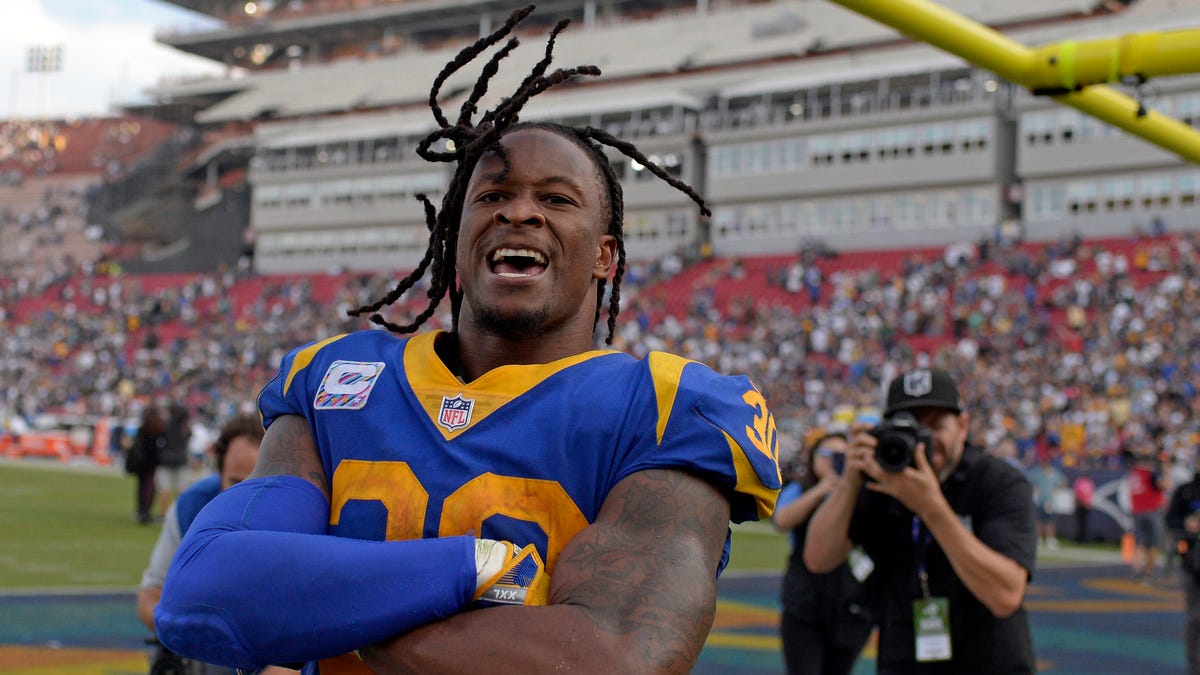 Los Angeles Rams running back Todd Gurley (30) celebrates a 29-27 win over the Green Bay Packers at Los Angeles Memorial Coliseum.