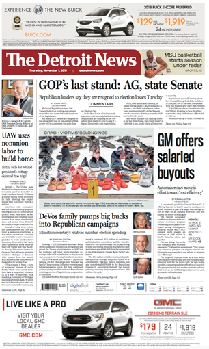 The front page of The Detroit News on Thursday, November 1, 2018.