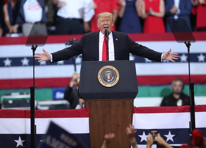 President Donald Trump spoke to a packed house during a Make America Great Again rally at Hertz Arena in Estero, Florida on Wednesday 10/31/2018. Republican gubernatorial candidate Ron DeSantis and Governor and U.S. Senator candidate Rick Scott joined him on stage.  