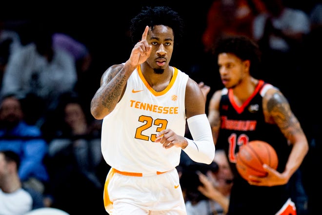 Tennessee guard Jordan Bowden (23) reacts after making a dunk during a game between Tennessee and Tusculum at Thompson-Boling Arena in Knoxville, Tennessee on Wednesday, October 31, 2018.