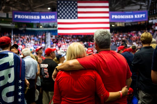 Lucy and Emilil Bello of Bonita Springs stand with their arms around each other before a Trump rally on Wednesday, October 31, 2018, at Hertz Arena in Estero.