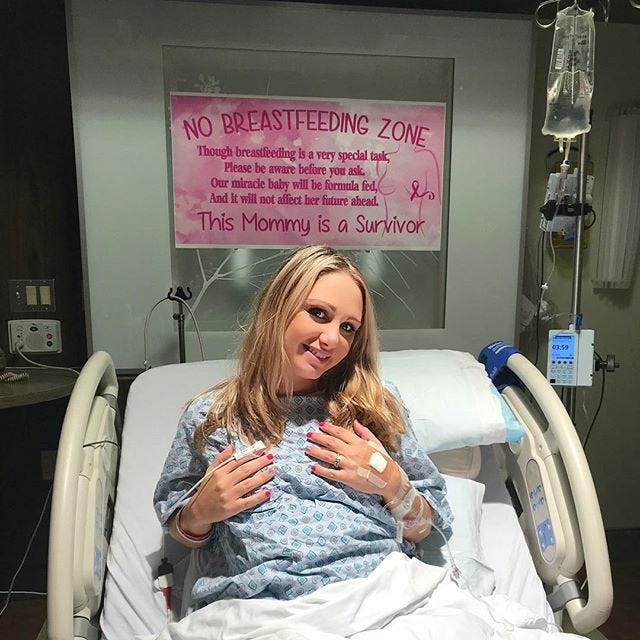Meghan Koziel, 29, of Pittsburgh, is a breast cancer survivor who posted a "No Breastfeeding Zone" poster to explain why she's not able to nurse.