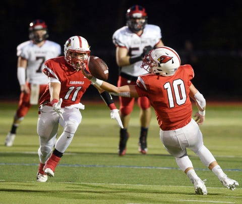 Glen Rock football at Westwood on Friday, November, 2, 2018. WW #10 Anthony Corrubia makes in interception in the first quarter. (left) WW #11 George Sengos. 