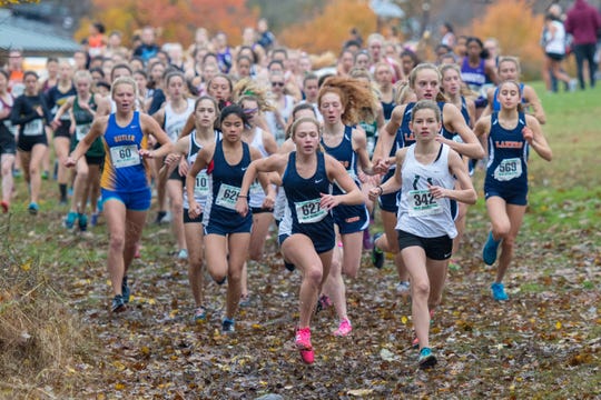 Emma Kline of Kinnelon High School leads the North 1, Group 1 Girls 5k Run during the 2018 NJSIAA XC Sectional on Nov. 3, 2018.