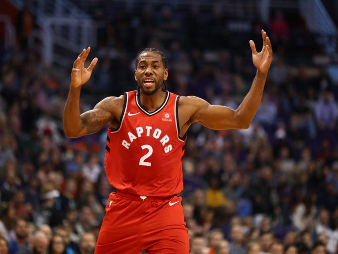 Nov 2, 2018: Toronto Raptors forward Kawhi Leonard (2) reacts in the fourth quarter against the Phoenix Suns at Talking Stick Resort Arena.