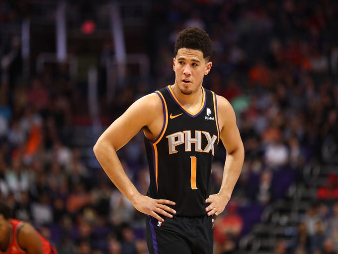 Nov 2, 2018: Phoenix Suns guard Devin Booker reacts in the second quarter against the Toronto Raptors at Talking Stick Resort Arena.