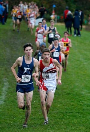 Runners make their way into the third mile of the Boys Class A race during the Section V Cross Country meet at Midlakes High School.