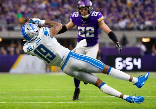 Lions wide receiver Kenny Golladay catches a pass in the second quarter on Sunday, Nov. 4, 2018, in Minneapolis.