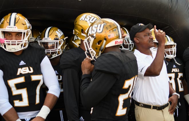 Alabama State head coach Donald Hill-Eley gets the go ahead to take the field to play Texas Southern Saturday, Nov. 3, 2018, at Alabama State University in Montgomery, Ala. 