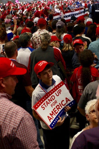 Thousands of supporters pack into the ST Engineering hangar at Pensacola International Airport for President Donald Trump's rally on Saturday, Nov. 3, 2018.