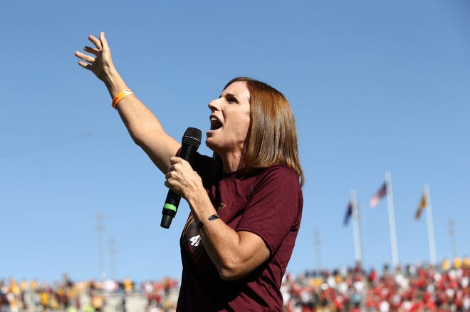 U.S. Rep. Martha McSally, R-Ariz., sings the national anthem at the Utah vs. ASU game on Nov. 3 at Sun Devil Stadium. McSally is running against Democrat Krysten Sinema for the U.S. Senate.
