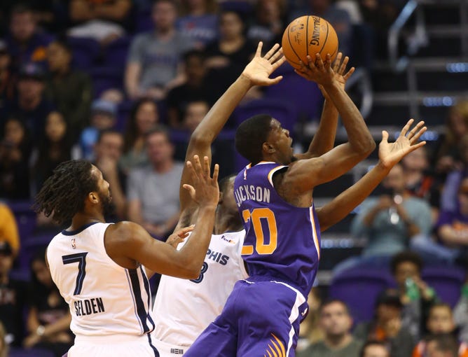 November 4, 2018; Phoenix, AZ, USA; Phoenix Suns forward Josh Jackson (20) drives against the Memphis Grizzlies in Talking Stick Resort Arena in the first half. "Data id ="